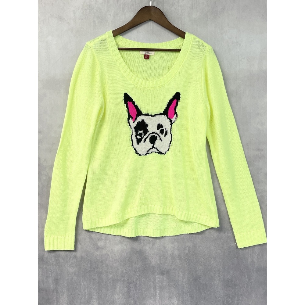 LEI Neon Yellow Sweater XL French Bulldog Dog Graphic Knit Dopamine Kitsch Twee